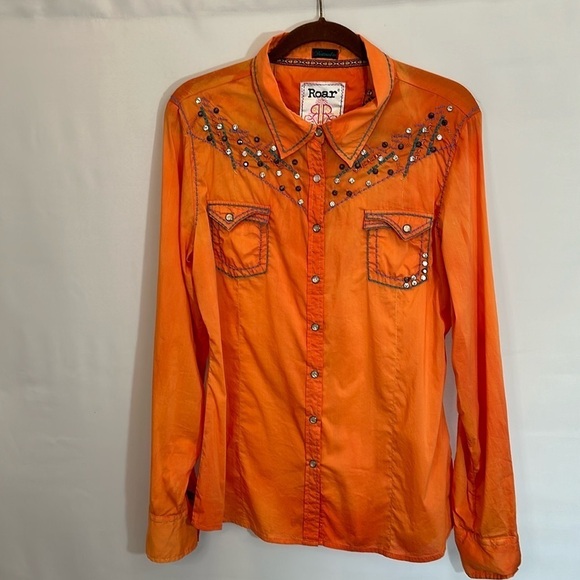 Destined To ROAR Button Up Shirt Rhinestone Pearl Snap Button XL Western Cowgirl - Picture 3 of 16